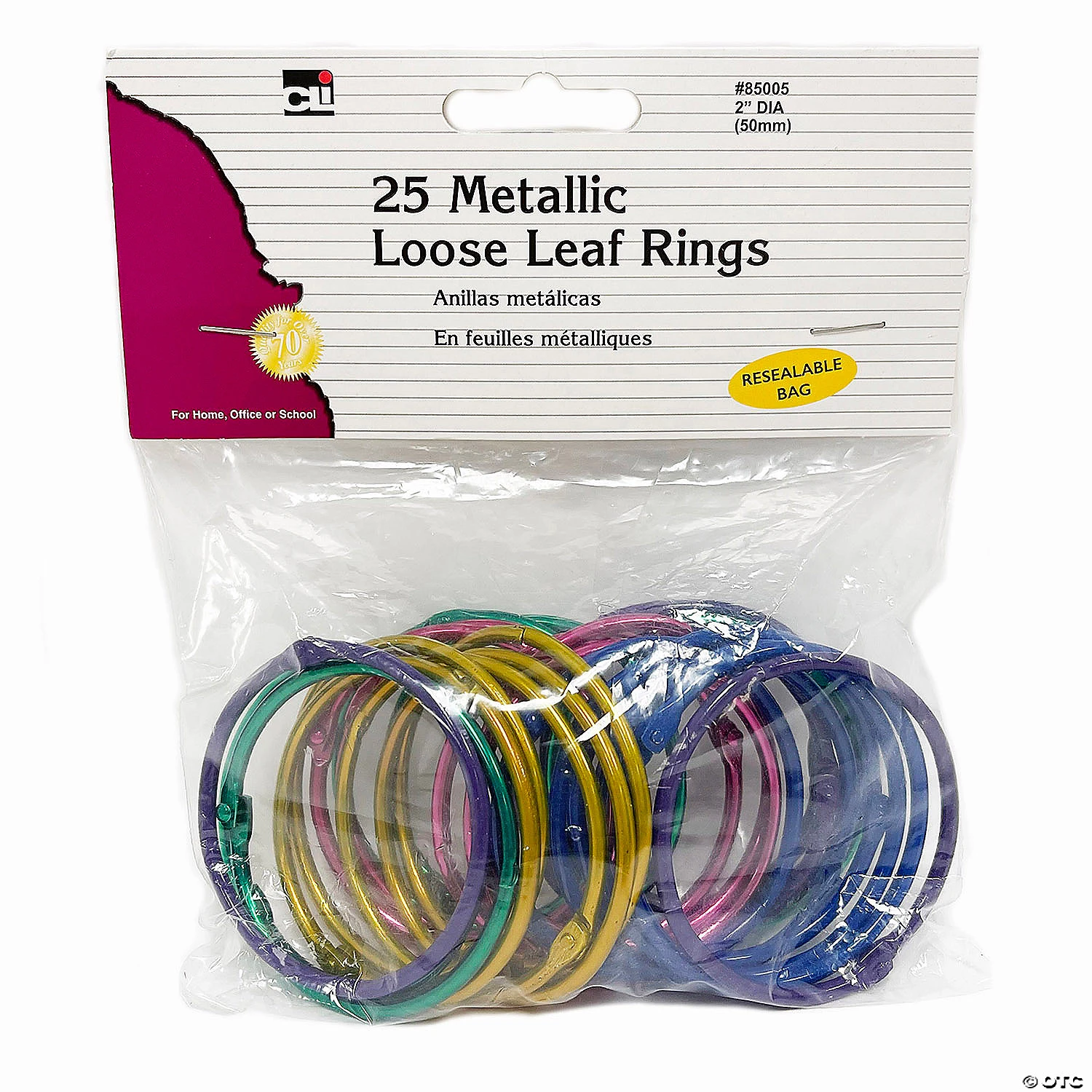 Charles Leonard Loose Leaf Rings, 2" Diameter, Metallic Assorted Colors, 25 Per Pack, 3 Packs - Image 2