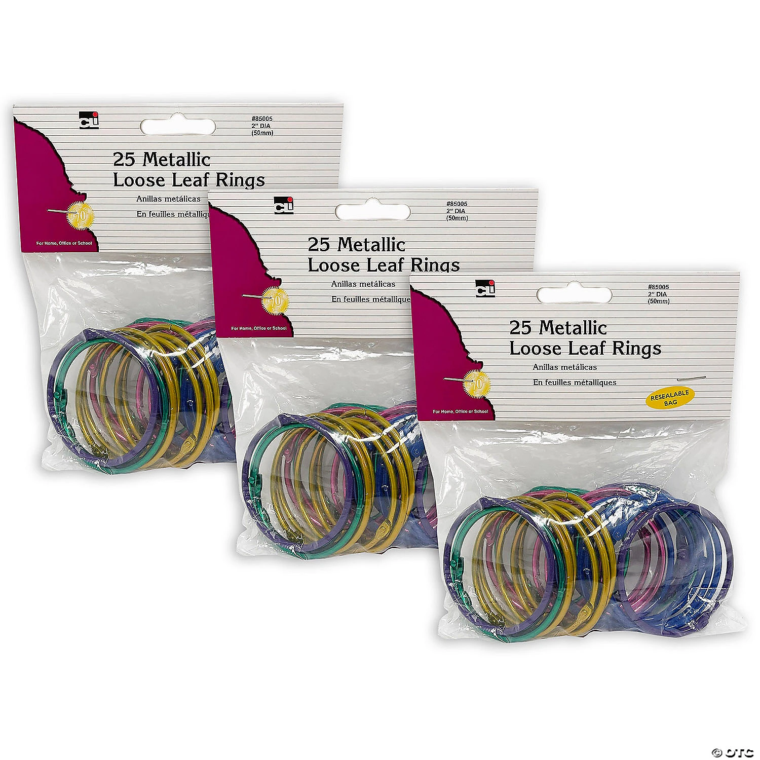 Charles Leonard Loose Leaf Rings, 2" Diameter, Metallic Assorted Colors, 25 Per Pack, 3 Packs