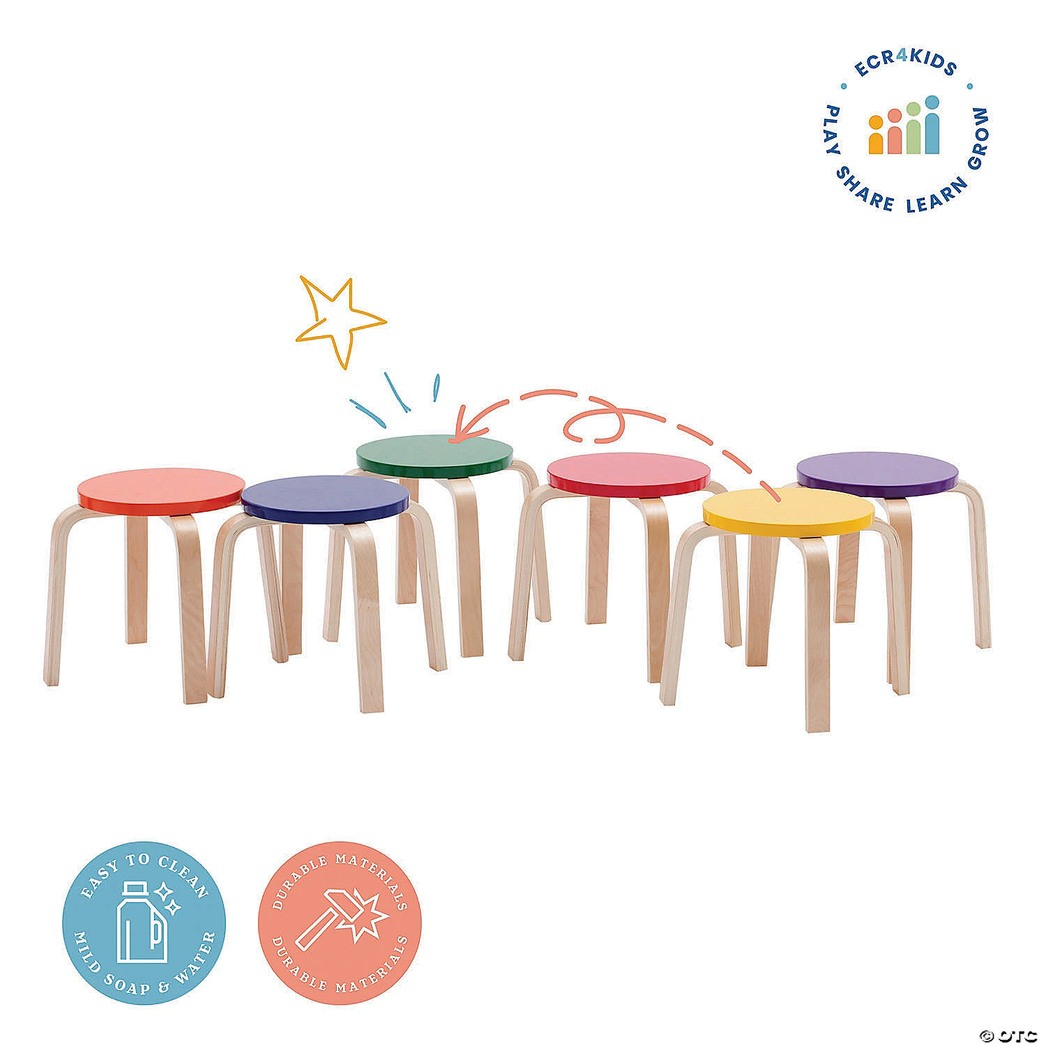 ECR4Kids Bentwood Stacking Stools for Kids, Playroom/Daycare Flexible Seating 6-Piece Set - Assorted - Image 3