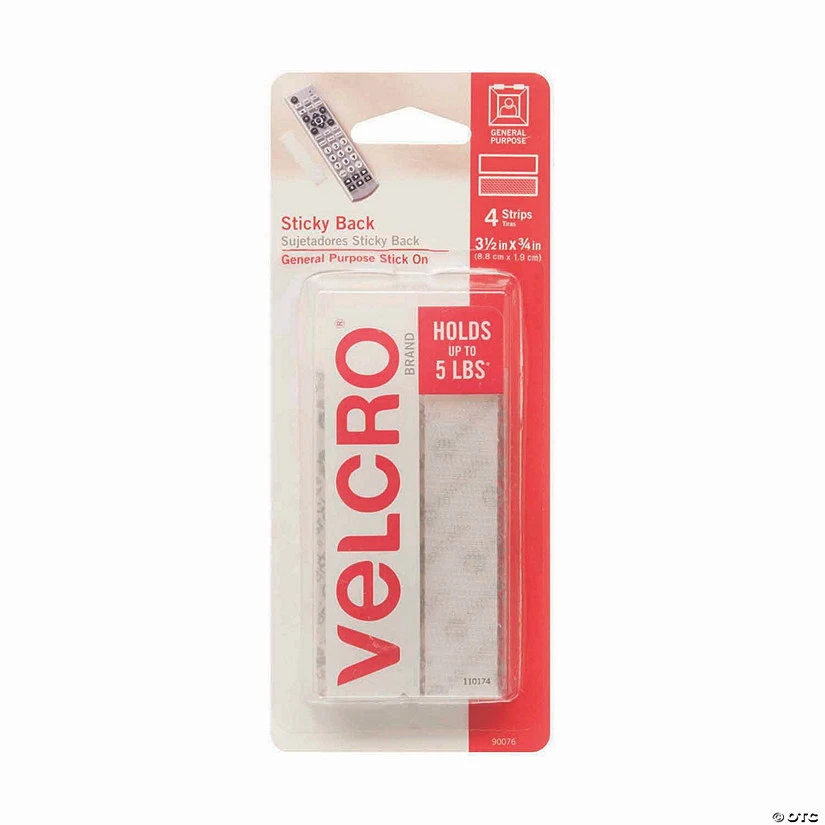 Velcro USA Sticky Back™ Strips - 3/4" x 3-1/2", White, 4 Per Pack, 6 Packs